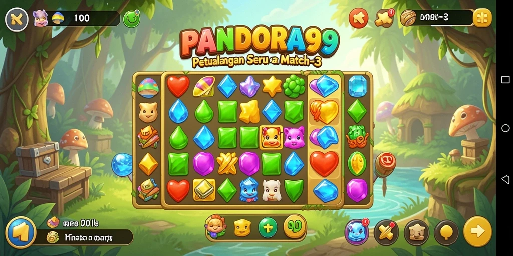 Screenshot PANDORA99 menampilkan gameplay Match-3 yang seru.